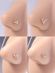 1PC/4PCS Butterfly And Flower L-Shaped Nose Studs – Sparkly CZ Nose Pins Piercing Jewelry For Women Girls Daily Wear