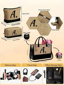 A-Z字母黑色帆布/亚麻手提袋，带化妆包，个性化礼品袋，适合婚礼、生日、海滩、度假、上学等场合，是送给女性、妈妈、老师、朋友、伴娘、学生的绝佳礼物。大容量手提袋，简约设计，便携休闲收纳袋。 - 彩色 - 查看 9