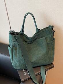 1pc Autumn/Winter Corduroy Multi-Pocket Tote Bag, Solid Color Durable Large Capacity Casual Bag, Unisex Outdoor Organizer Shopping Handbag For Work Office