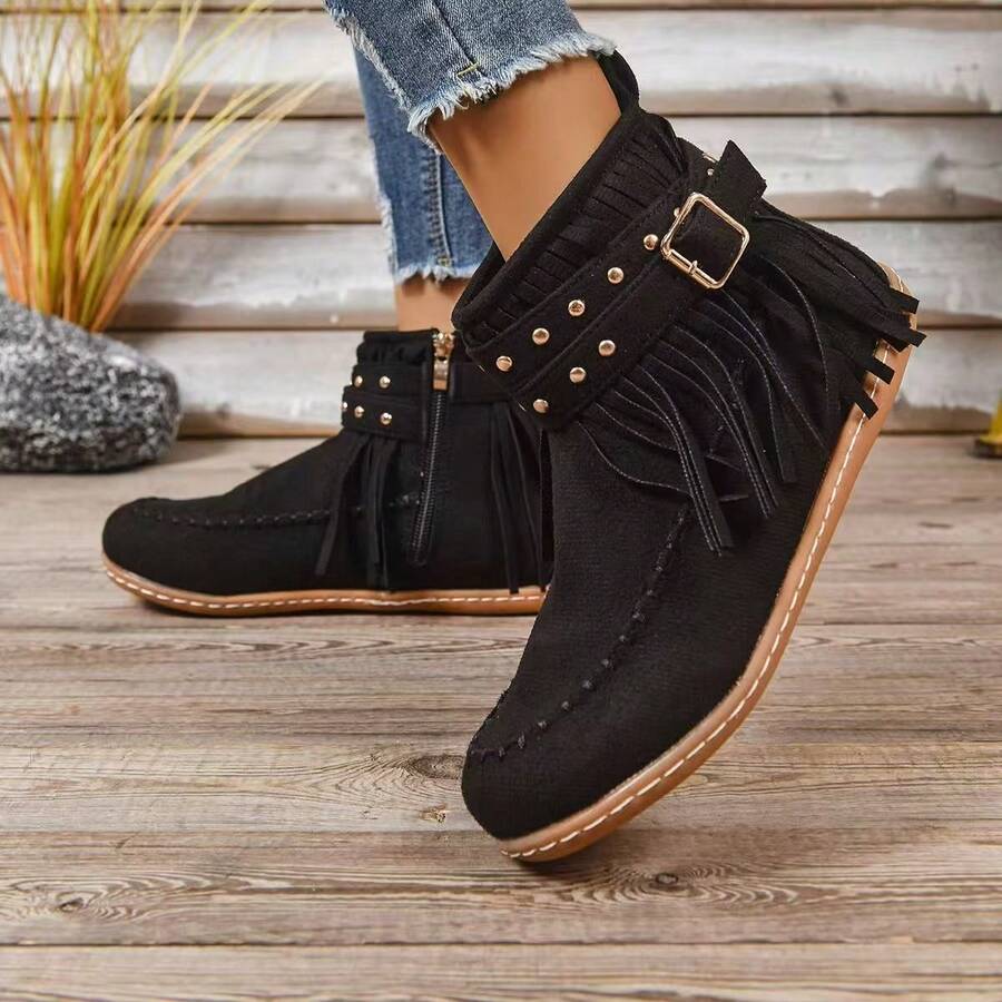 New Women's Casual Outdoor Sports Tassel Ankle Boots, Versatile And Lightweight / Zipper Closure, Round Toe Flat Sole And Decorative Studs - Caramel Brown Winter Boots - - 黑色 - 查看 1
