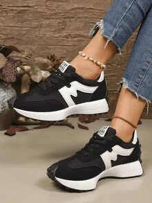 Tênis de Plataforma da Moda Feminina, Design de Sola Que Afina a Cintura, Sapatos de Caminhada Estilosos e Respiráveis, Suporte Confortável, Adequado para Uso Diário e Exercícios, Tênis Esportivos, Sapatos Casuais - Preto - Visão 3