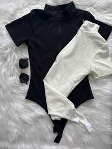 Promotion Kit 2 Bodysuits With Front Zipper, Women's Fashion, Short Sleeve, Summer - Đen và trắng - Xem 1