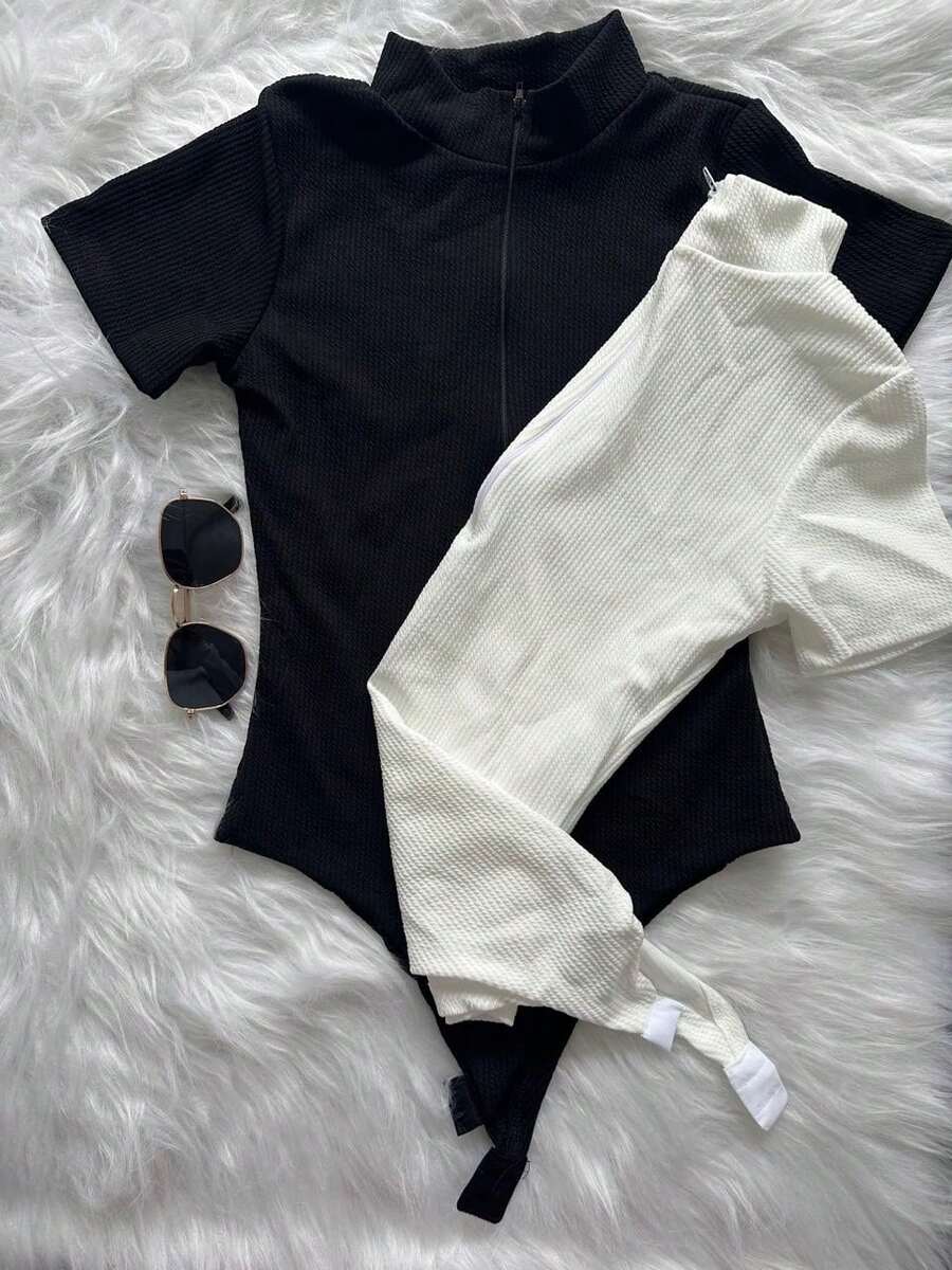 Promotion Kit 2 Bodysuits With Front Zipper, Women's Fashion, Short Sleeve, Summer - Đen và trắng - Xem 1