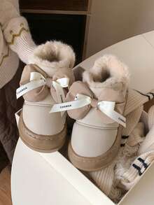 XIXITIAO 1 para uroczych, vintage'owych, kokardkowych śniegowców dla kobiet, grube pluszowe, krótkie zimowe buty, modne, uniwersalne, ciepłe, miękkie podeszwy, śniegowce, odpowiednie do noszenia na zewnątrz