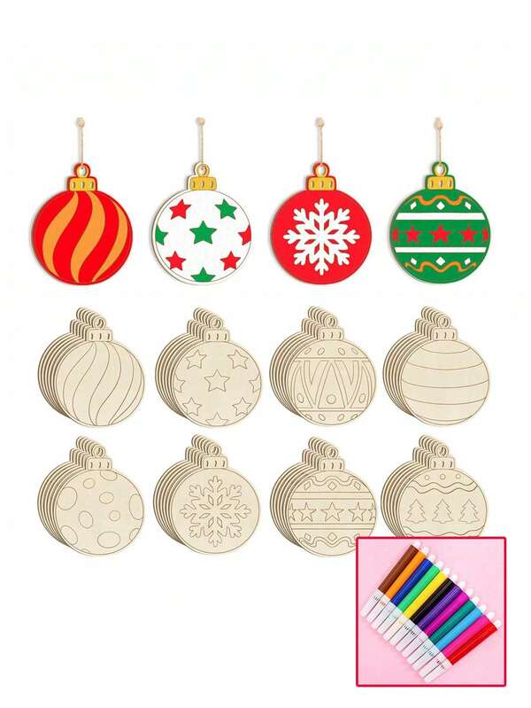 32 Stücke - Holz Weihnachts-Bastelsets, Kinder Selbstbemalen Weihnachtsschmuck, blanke unfertige Holzausschnitte, Formscheiben, Hängedekoration für Weihnachtsbäume und Feierlichkeiten (kugelförmig), Winter Hängedekoration