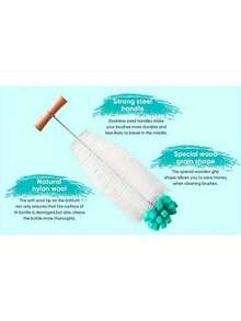 13.78 英寸人体工学手柄刷，白色刷毛搭配蓝绿色海绵 - 适用于玻璃瓶、塑料瓶、保温瓶、酒瓶、破壁器，强力清洁水瓶，不伤瓶身，厨房配件，瓶刷，瓶子清洁刷，吸管清洁器，清洁用品，清洁刷，清洁工具