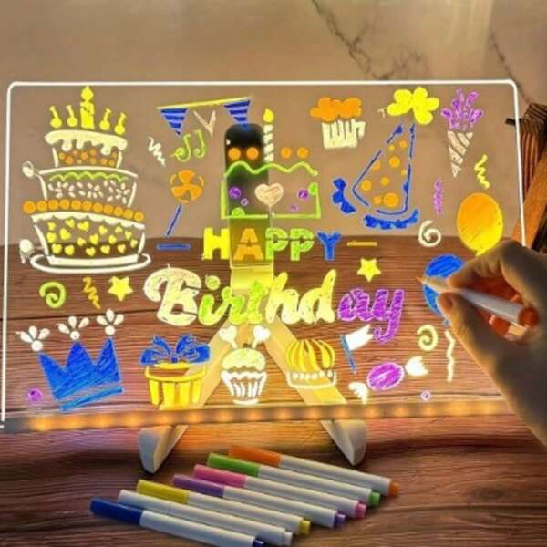 Beinhaltet zufällige Farbpinsel + 2 Stück zufällige Farbradierungen, Acryl-Whiteboard mit LED-Beleuchtung als leuchtendes Memo-LED-Buchstaben-Nachrichtenbrett, LED-Notizboard, Weißwandtafel mit 7-Farben-Stift für Büro, Schule, Zuhause