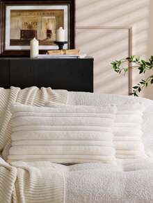 1pc Beige Textured Thick & Thin Stripe Rabbit Fur Decorative Throw Pillow Cover, Front Jacquard Rabbit Fur, Reverse Holland Velvet Fabric, Square Cushion Cover, Holiday Home Decor Pillow Case, Soft Velvet Material, Modern Decor For Sofa, Home & Bedroom - Beige - View 5
