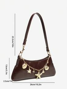 SIA 女士复古简约仿皮棕色水生生物金属装饰单肩/腋下法棍包，适合工作、通勤、约会、派对等场合。 - 棕色 - 查看 6