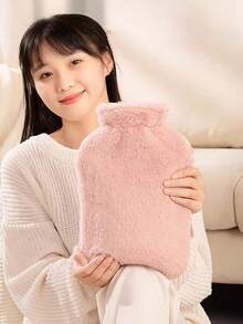 1个2000ML粉色和灰色热水袋，装满水和暖水袋，专为女生设计，用于热敷，暖手，可爱毛绒肚子，防爆，暖脚 - 彩色 - 查看 6