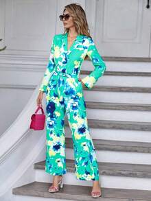 Mono de poliéster con cuello de solapa y manga larga para mujer, con estampado floral y bolsillos, elegante mono informal cruzado - Verde - Ver 3