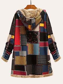 Women's Retro Patchwork Hooded Jacket, Autumn/Winter Warm Fleece Trim Mid-Length Loose Pullover