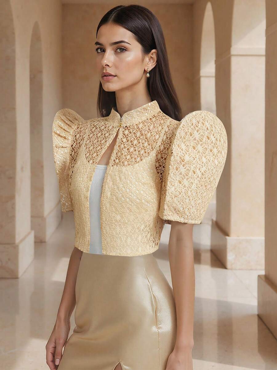 Amyenjoylife 女士现代菲律宾传统上衣，优雅刺绣泡泡袖衬衫，适合优雅风格 - 香檳色 - 查看 1