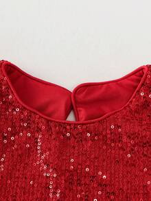 Young Girl Contrast Sequin Mesh Hem Party Dress - Red - View 6