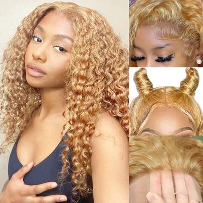 Eulisi Honey Blonde Deep Wave Human Hair Wig 26 Inch 13x6 Lace Front Wave Wigs Human Hair Blonde 180% Density Blonde Deep Wave Wig Human Hair #27 Color Curly Honey Blonde Lace Front Wig Human Hair Pre Plucked