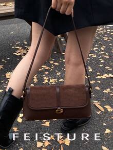 1 件纯色 PU 面料腋下法棍包复古翻盖单肩包，适合女孩、女士、大学生、年轻专业人士，非常适合工作、商务、通勤、上学 - 咖啡 - 查看 4