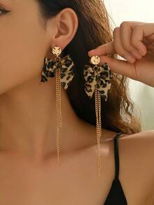 1 par de nuevos y elegantes pendientes largos con lazo y borlas de estampado de leopardo, diseño minimalista para otoño/invierno