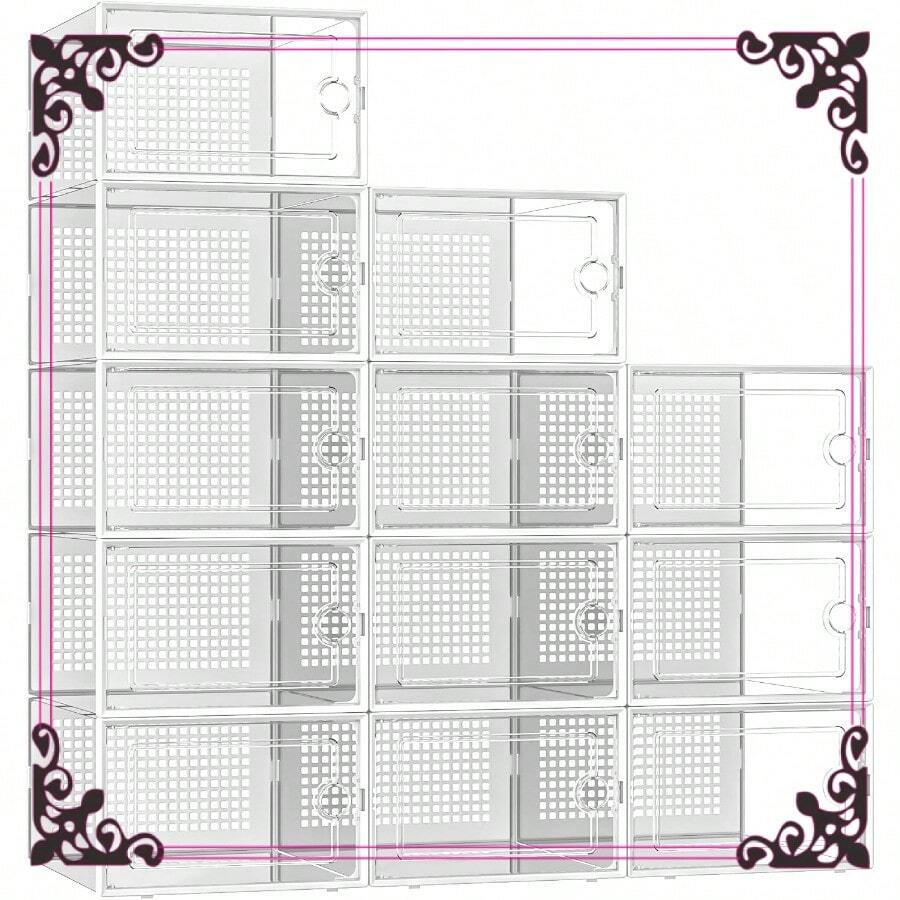 Kuject X-Large Shoe Storage Boxes Organizers Clear Plastic Stackable 12 Pack, Shoe Rack & Holder Substitute, Sneaker Containers, Toy Storage Organizer Bins For Entryway, Closet, Under Bed, White - White - View 1