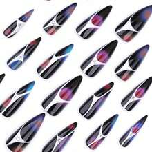 Stiletto Press On Nails Long Fake Nails Black Glue On Nail Sliver Ombre Acrylic Nails Rhinestone Bling False Nails 24Pcs Goth Y2k Manicure Stick On Nails Almond Glossy Artificial Nails - 多色13 - 查看 4