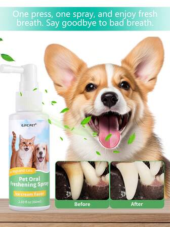 PET 1 件装宠物口腔牙齿清洁和口气清新喷雾，用于去除口臭和牙垢控制，冰淇淋口味。2.03 液体盎司（60 毫升）﻿