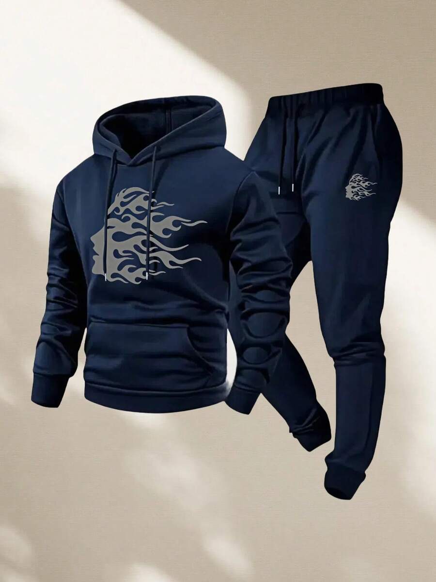 Men's Two-Piece Suit, Casual Round Neck Long-Sleeved Hooded Sweatshirt And Sweatpants Set, Suitable For Winter And Autumn, Sportswear Set, Pattern, Sweater Hoodie, Sweatshirt, Halloween, Jogging Pants, Pants, Hoodie, Sweatpants, Jogging Pants - 海軍藍 - 查看 1