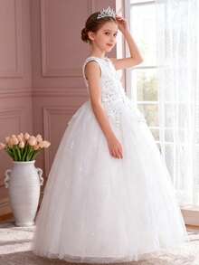 女孩白色蕾丝公主裙、舞会礼服、婚礼晚礼服、选美晚礼服、毕业礼服、圣诞节 - 白色 - 查看 6