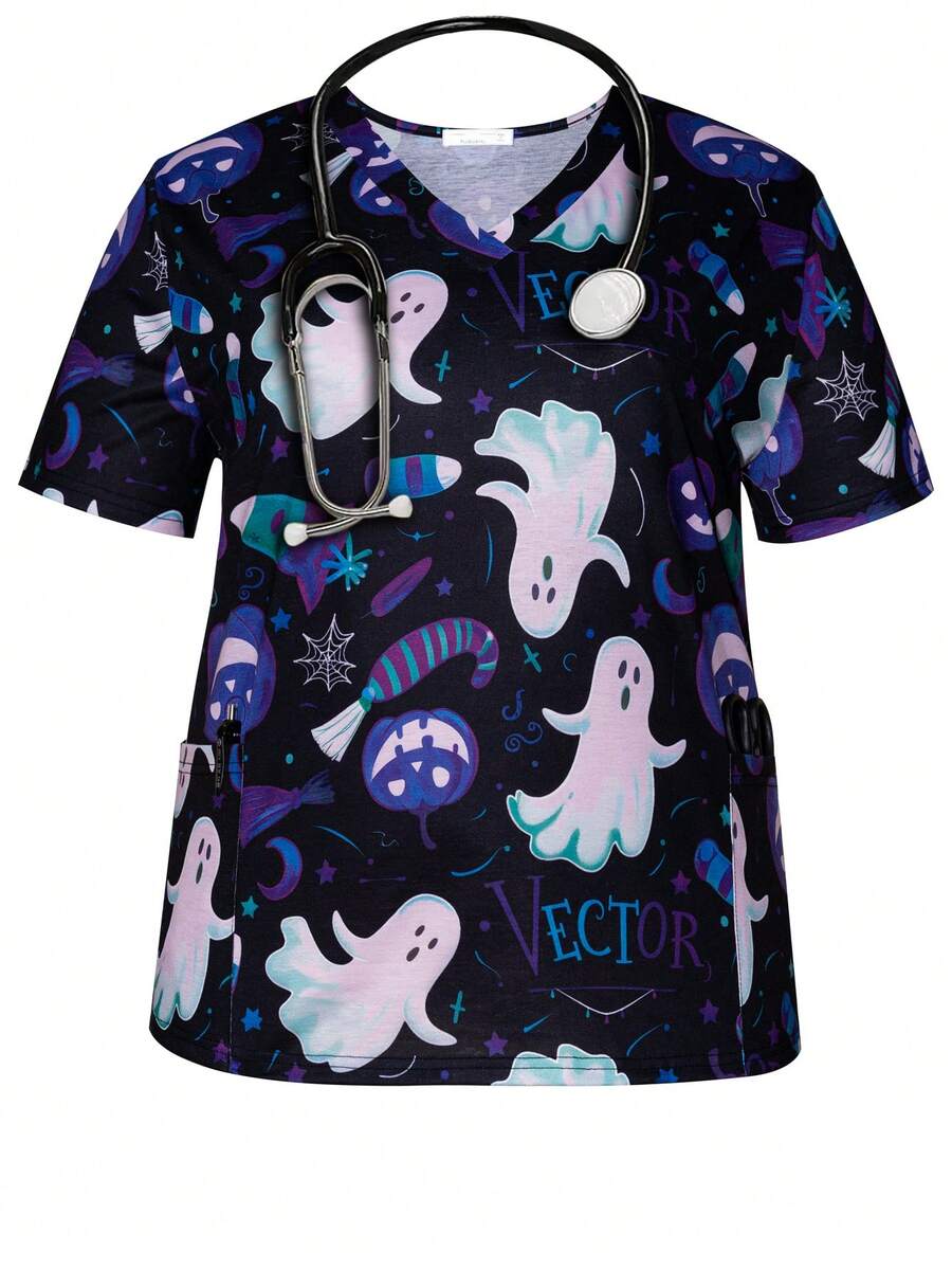 大码女式春夏万圣节鬼与南瓜印花V领秋季短袖护士制服上衣女式带口袋