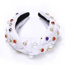 4th Of July Headband For Women American Flag Pearl Knottted Headband Fourth Of July Patriotic Head Band Red White And Blue Crystal Top Knot Hairband Party Favor Gift - 白色結頭帶A - 查看 8