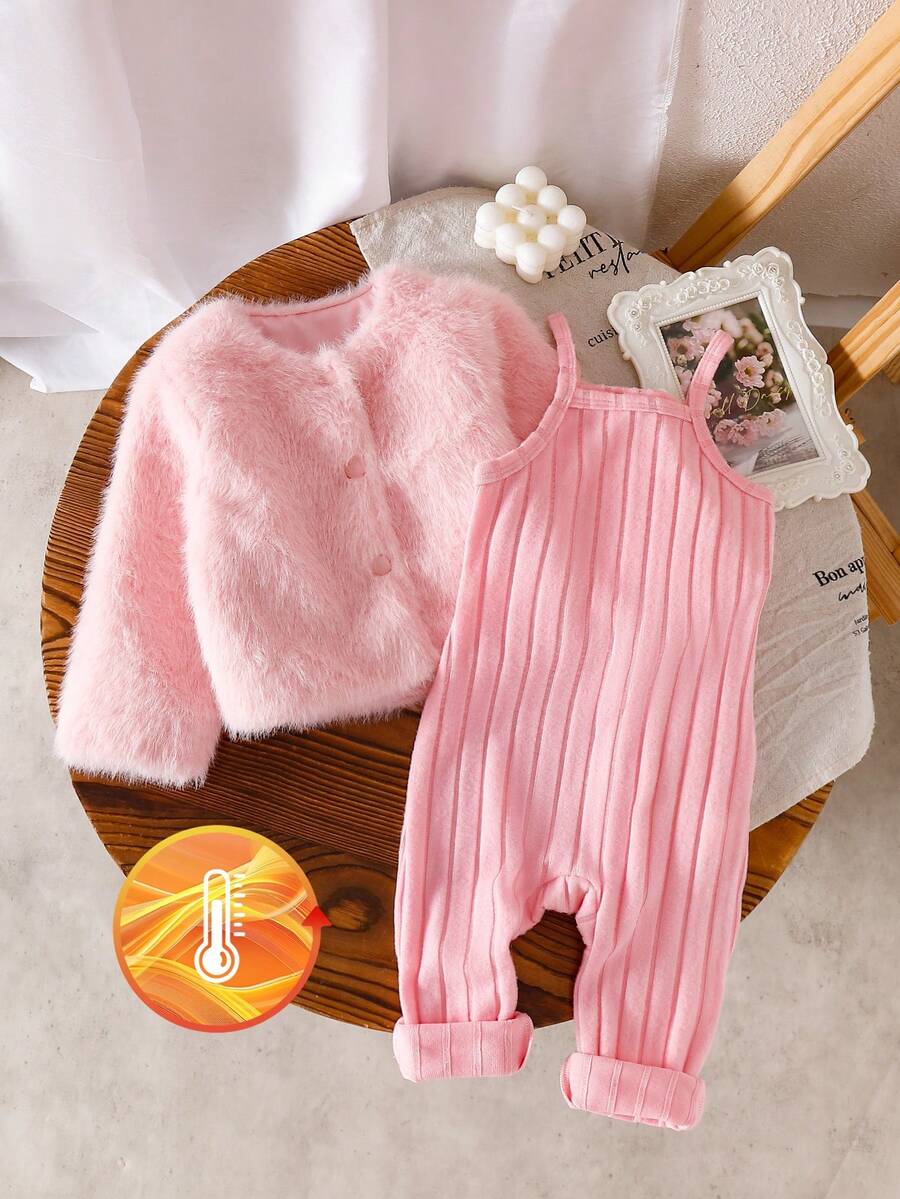 2pcs Baby Girls Casual Pink Furry Jacket And Ribbed Camisole Jumpsuit, Elegant And Fashionable - Pink - View 1