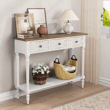 JOEMEY Console Table With 3 Drawers, Carved Entryway Table, Narrow Long Sofa Table For Living Room, Hallway, Behind Couch(White) - White - View 3