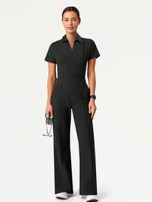 Women's V-Neck Short Sleeve Multi-Pocket Elastic Waist Pants Scrubs Nurse Scrubs Workwear Dentist Healthcare Pet Hospital Laboratory Scrub Set Black Spring - Black - View 4