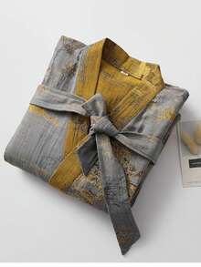 Men's Long Sleeve Robe, Lightweight Jacquard Weave 100% Cotton Bathrobe With Sash, Elegant Chinese Style For Spring & Summer