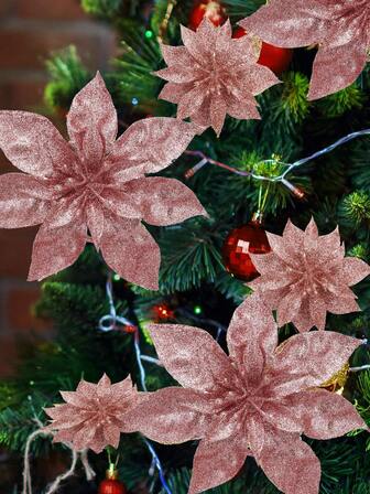 2/10/20pcs Poinsettia Rose Gold Artificial Flowers, Christmas Tree Decor And DIY Flowers For Party, Christmas, Holiday, Wedding Party DIY (With Clips) Home Decor Christmas Decorations Room Decor Winter Christmas Decorations Home Christmas Gifts Christmas Decor