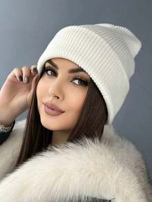 1 Stück einfarbige gestrickte Beanie, Unisex Mütze, Y2K Stil Outdoor warme gestrickte Kappe, lässiger vielseitiger Winterkälte-Hut geeignet für den täglichen Arbeitsweg - A - Übersicht 2