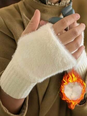 1 Pair/Set Soft Winter Half-Finger Gloves For Women, Warm And Luxurious Solid-Color Knitted Fingerless Gloves Christmas Gift Thermal Warm Winter