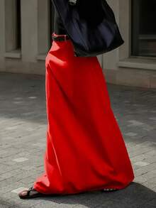 Plus Size Women's Casual Commuter Minimalist Solid Color Side Pocket Skirt, Belt Not Included - 紅色 - 查看 2