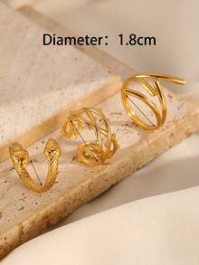 3pcs/Set Fashion New Striped Texture Leaf & Snake Decor 18K Gold Plated Stainless Steel Adjustable Open Ring Set, Casual Versatile Vintage Style Jewelry For Women, Suitable For Daily Wear