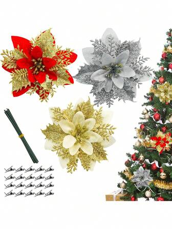 5件/10件圣诞花配件、装饰品、圣诞树人造花、金粉塑料花环