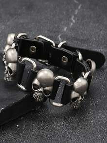 1 pieza Brazalete de cuero de estilo punk personalizado, accesorio de muñequera de cuero con remaches de calavera minimalista y feroz de estilo hip hop - Negro - Ver 5