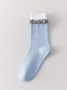 1 par de calcetines de media caña con volantes sin hueso, estilo ballet para mujer, diseño a bloques de color negro y blanco, moda coreana