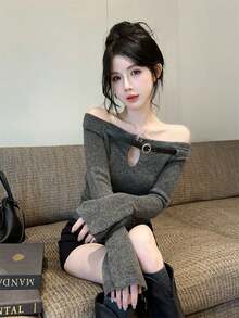 1pc Women's Off-Shoulder Sweater, Sexy Hollow-Out Design, Suitable For Outings, Home, Dates, Parties In Autumn/Winter. Comes With Matching Belt. Spring - Grey - View 4