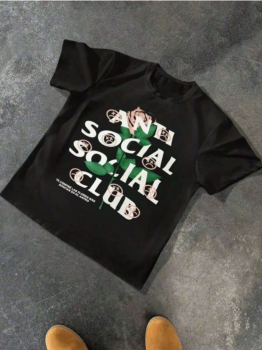 Anti Social Club Rose Graphic Aesthetic Theme Men's 100% Cotton T Shirt Streetwear - 樣式 9 - 查看 1
