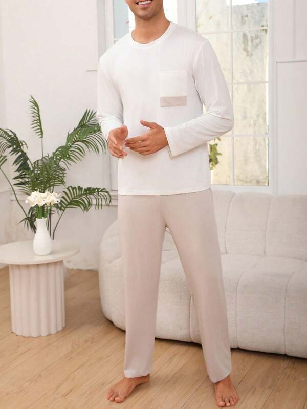 Men's Casual Sleepwear Set, Crew Neck Pullover Solid Color Ribbed Long Sleeve Top And Pants, Comfortable And Relaxed Loungewear Set For Autumn/Winter