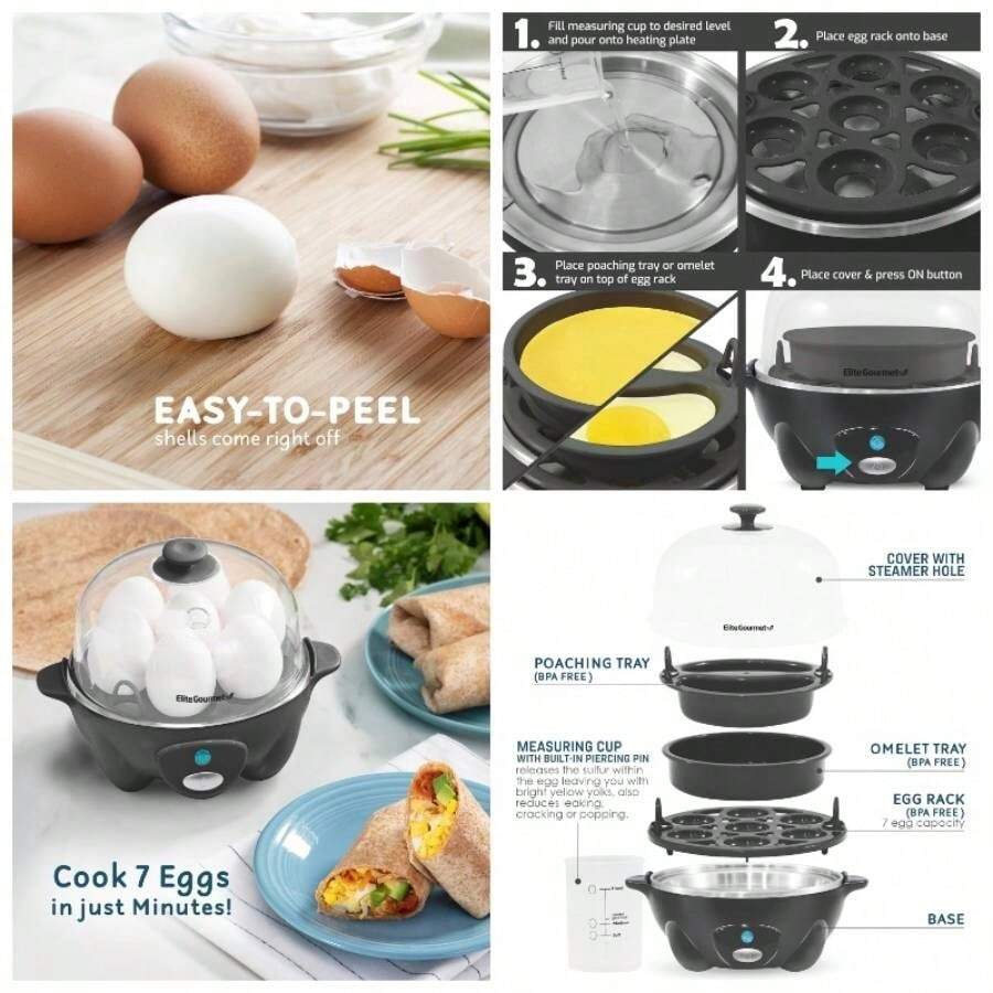 EGC007CHC# - Olla de huevo rpida, huevos fciles de pelar, duros, medianos, suaves, peladores, cazadores, tortillas, apagado automtico, alarma, folleto de 16 recetas, gris carbn - 7 Egg + Gris oscuro - Ver 1