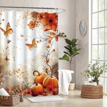 Autumn Maple Leaf Butterfly Pumpkin Thanksgiving Shower Curtain, Thanksgiving Bathroom Decoration, Bathroom Accessories Waterproof Shower Curtain With 12 Hooks
