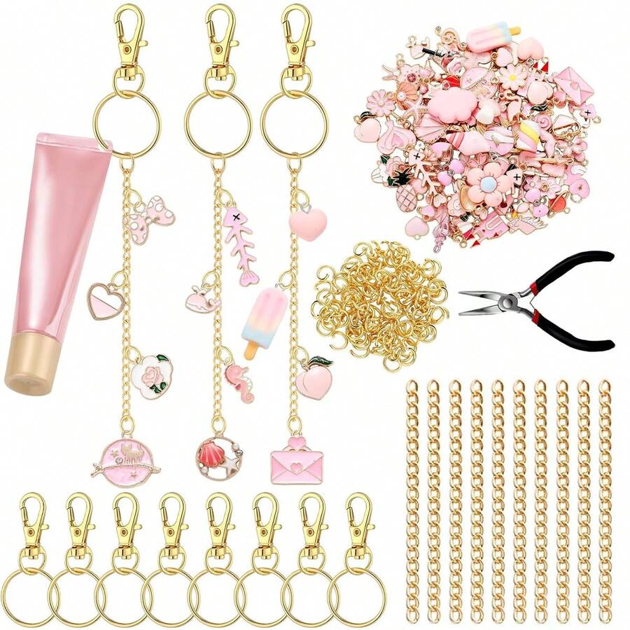 132pcs Keychain Making Kit, Includes Zinc Alloy Charms/Extension Chains/Keyring Clips/Beading Supplies And Jewelry Pliers - DIY Craft And Jewelry Making For Adults, Suitable For Women - Keychain Pendant Set - View 1