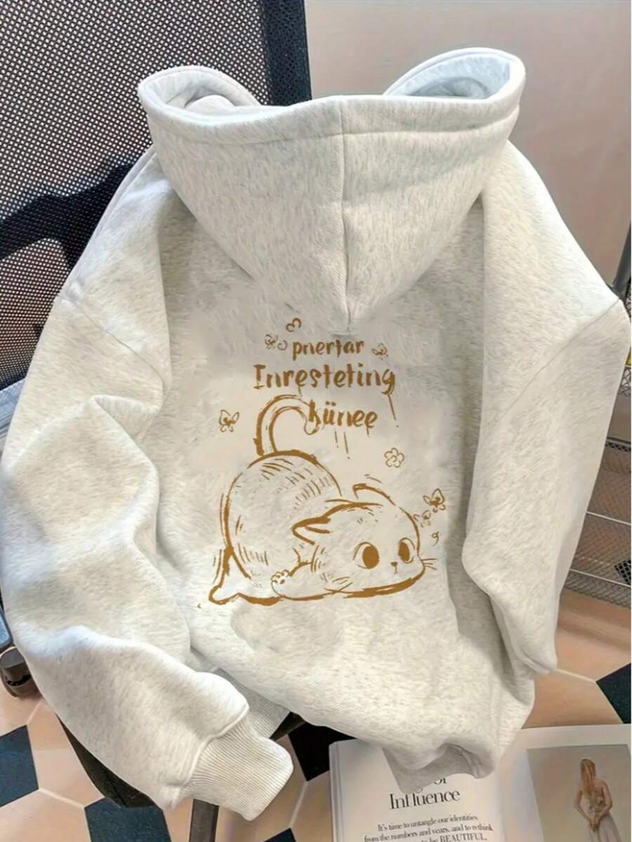 Sudadera Con Capucha Y Bolsa Canguro Con Estampado En La Espalda De Gato Tierno Dibujo Animado Sudadera Unisex Para Hombre Y Mujer Casual Para Uso Diario Ideal Para Todo El Año. - Gris - Ver 1