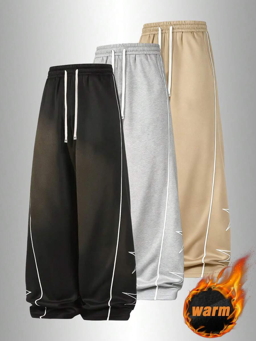 Women's Casual Thermal Lined Sweatpants, Geometric Pattern Embroidered Design, Loose Fit Wide Leg Pants For Women, Suitable For Indoor, Outdoor Activities Like Hiking In Autumn/Winter - 黑色 - 查看 1