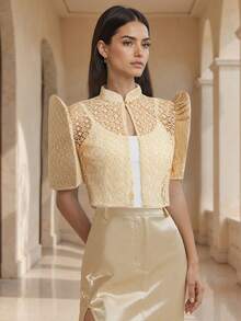 Amyenjoylife 女士现代菲律宾传统上衣，优雅刺绣泡泡袖衬衫，适合优雅风格 - 香檳色 - 查看 5