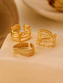 3pcs/Set Stainless Steel Leaf Line Decor Rings, Fashionable & Versatile For Everyday Wear